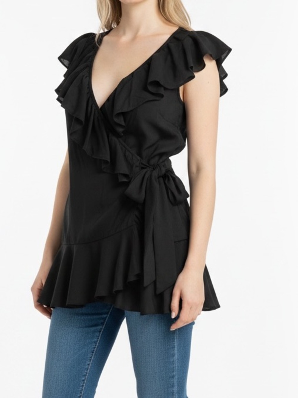 Sofia by Sofia Vergara Ruffled V-Neck Wrap Top Black